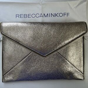 REBECCA MINKOFF Leo Leather Envelope Clutch, Light Gold, New